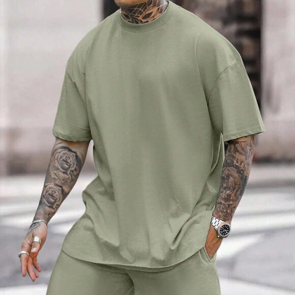 Army Green Casual Mens Solid Tee & Drawstring Waist Shorts - Picture 1 of 5